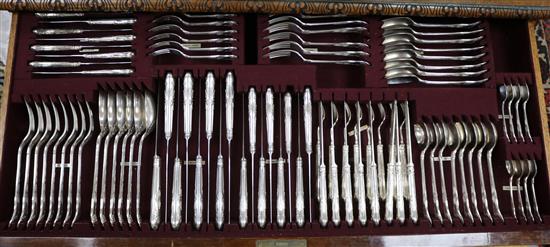 A mahogany cutlery cabinet, with the top drawer fitted with Queens pattern silver plated cutlery, W 39in Width 100cm